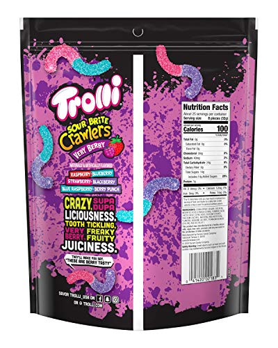 Trolli Sour Brite Crawlers, Very Berry, Sour Gummy Worms, 28.8 Ounce Resealable Bag (Pack of 4)