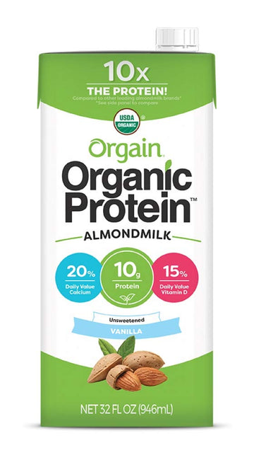 Orgain Organic Plant Based Protein Almond Milk, Unsweetened Vanilla - Non Dairy, Lactose Free, Vegan, Gluten Free, Soy Free, No 