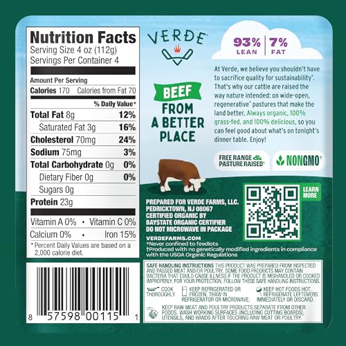 Verde Farms, Ground Beef 93% Lean/7% Fat, Organic, Grass-Fed, 1 lb
