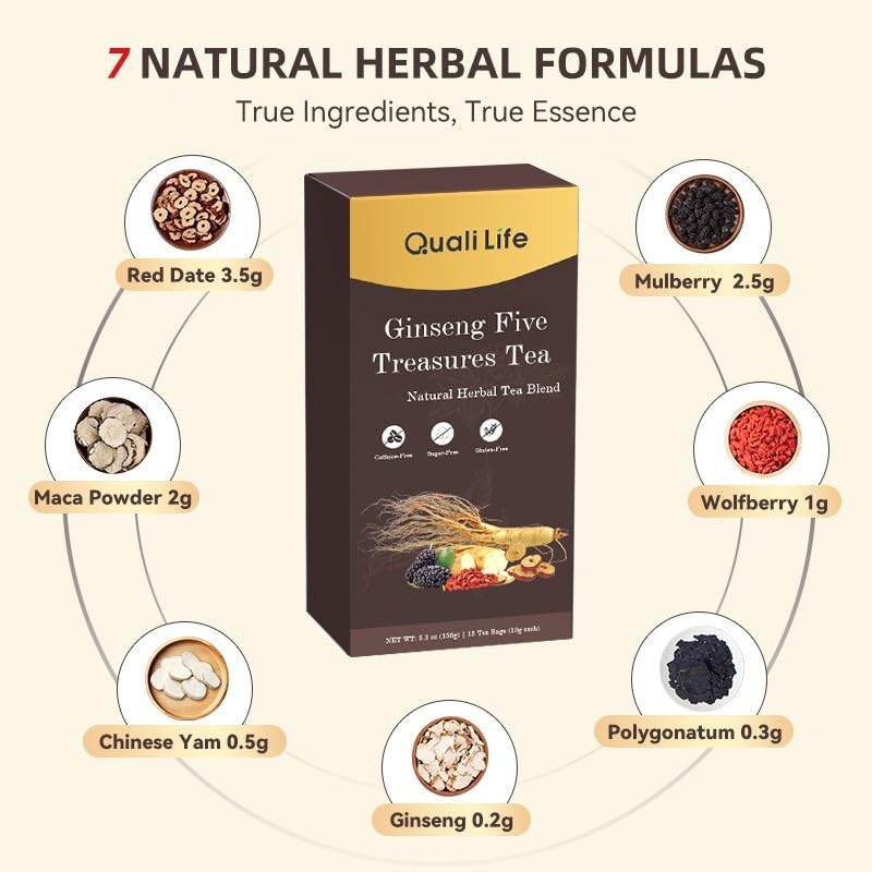 Ginseng Five Treasures Herbal Tea Bags, Traditional Chinese Herbal Blend with 7 Ingredients, Natural Tea for Women & Men (1 Pack