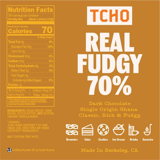 Tcho Real Fudgy 70% Dark Chocolate Baking Couvertures (6.6Lb Bag) | Organic & Fair Trade Certified | Non Gmo, Non-Dairy, Vegan,
