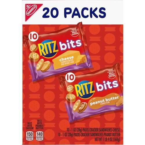 RITZ Bits Cheese and RITZ Bits Peanut Butter Cracker Sandwiches Variety Pack, 20 Snack Packs