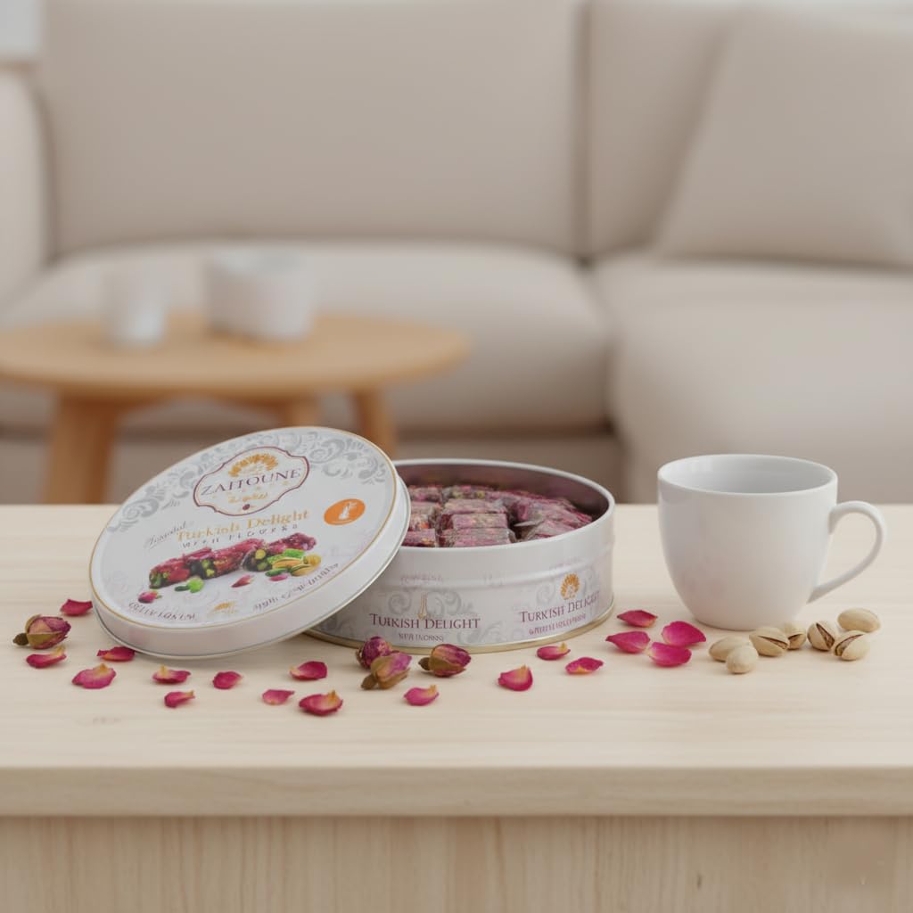 Zaitoune Rose Covered Turkish Delight - 9 Oz | Stuffed With Pistachios & Cashews | Coated With Dried Rose Petals | Authentic Luxury Lokum Sweets In Beautiful Gift Tin | Handmade, Individually Wrapped