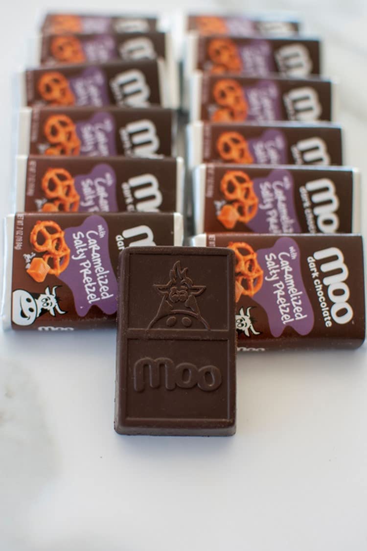 Moo Chocolates All Natural Dark Chocolate Mini Bars With Caramelized Salty Pretzel 0.7 Oz, 28 Ct (Pack Of 2) | 100 Calorie Snack