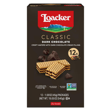 Loacker Classic Dark Chocolate Wafers - Premium Crispy Wafer Cookies with Dark Chocolate Cream Filling - Multipack of 12 Snack P