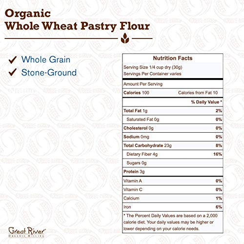 Great River Organic Milling Whole Wheat Pastry Flour, USDA Organic, Non-GMO, 25 lb Pack