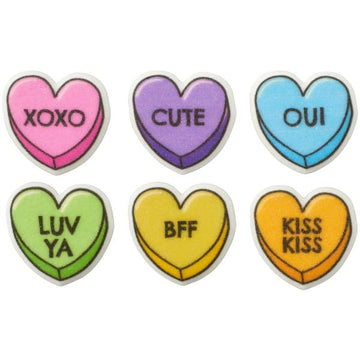 Orange, Yellow, Green, Blue, Pink, and Purple Heart Shape Edible Sugar Cake Toppers, 12 Count