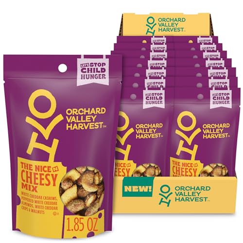 Orchard Valley Harvest Nice N Cheesy Mix, 1.85 oz (Pack of 14), White Cheddar Almonds, Cashews, Chips, Walnuts, Resealable Bag,