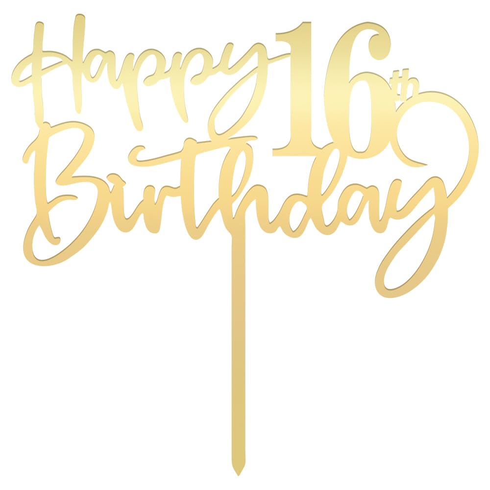 Mirrored Gold Acrylic 16Th Birthday Cake Topper - Durable Party Decorations, 'Hello 16' & 'Happy 16' Designs