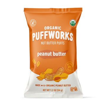 Puffworks Original Organic Peanut Butter Puffs, 1.2 Ounce (Pack of 6), Plant-Based Protein Snack, Gluten- and Rice-Free, Vegan, 