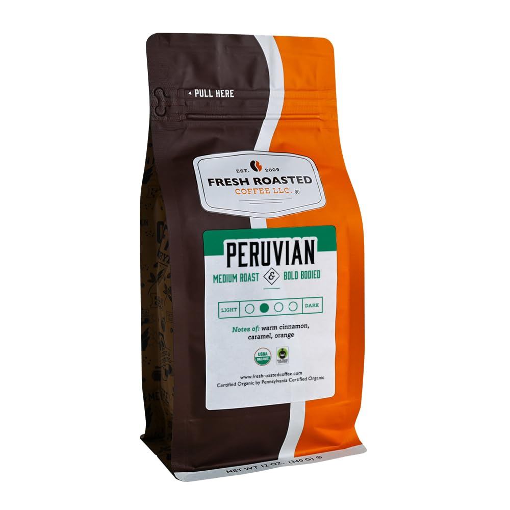 Fresh Roasted Coffee, Fair Trade Organic Peruvian, 12 Oz, Medium Roast, Kosher, Ground