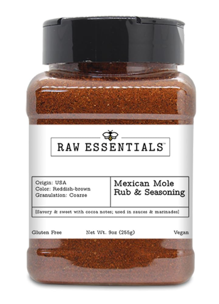 Raw Essentials Mexican Mole Seasoning - Savory & Sweet, 9 Ounce Bottle, Ideal for Sauces & Marinades, Brown