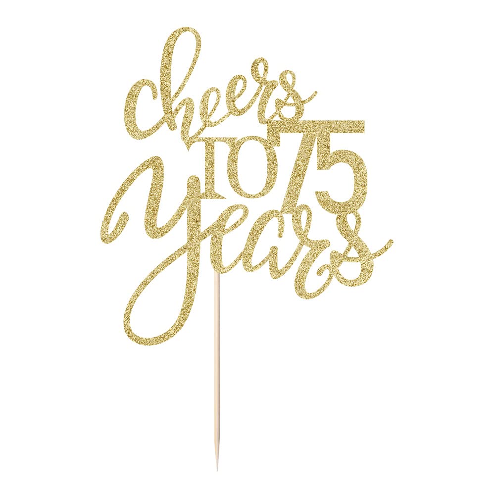 Qertesl Gold Glitter Cake Topper, Cheers to 75 Years, Cardboard, Perfect for 75th Birthday and Anniversary Celebrations