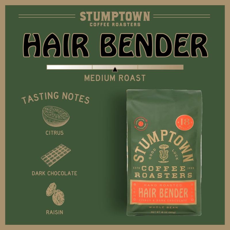 Stumptown Coffee Roasters, Medium Roast Whole Bean Coffee - Hair Bender 18 Ounce Bag with Flavor Notes of Citrus and Dark Chocol