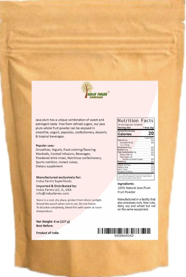 Indus Farms Superfoods Java Plum Fruit Powder, 8 oz | Exotic sweet-astringent flavor for Baking, Beverages/Cocktails, Nutritious