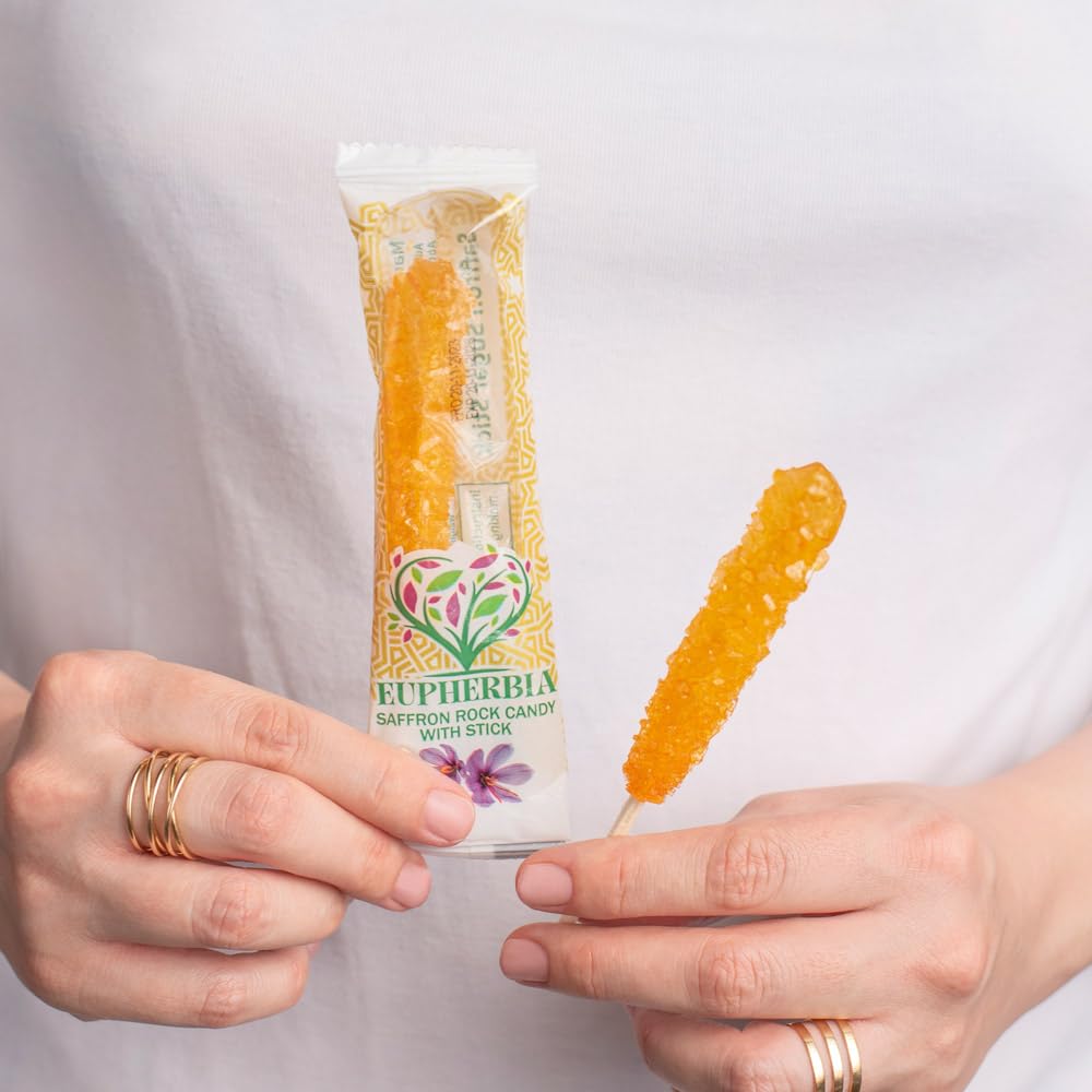 Eupherbia Saffron Rock Candy Sticks, 25 Pack, Pure Crystalline Elegance, Handcrafted Sweetness, Sugar Rock Candy (Nabat) Infused