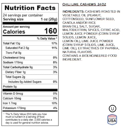 Chili Lime Cashews (24 Oz) - Spicy & Tangy Flavored Cashew | Resealable Bag | Gourmet Roasted Nuts | Perfect Snack For On-The-Go