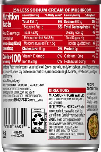 Campbells Condensed 25% Less Sodium Cream of Mushroom Soup, 10.5 oz Can (Pack of 4)
