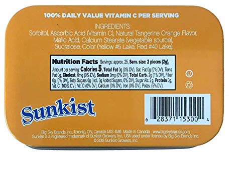 Sunkist Sours Tangerine Orange, Vitamin C, Sugar Free Sour Candy, 1.76 Ounce Tin - 6 Count Tray