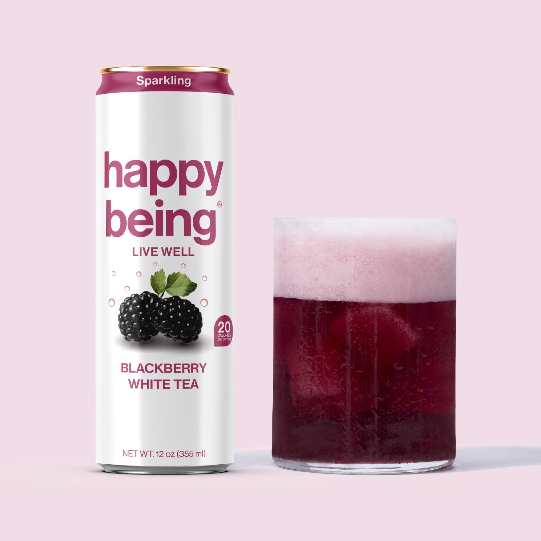 Happy Being Sparkling Blackberry Citrus White Tea, Nutrient-Rich, Caffeine Free, Plant-Based, 12oz, 16 Pack