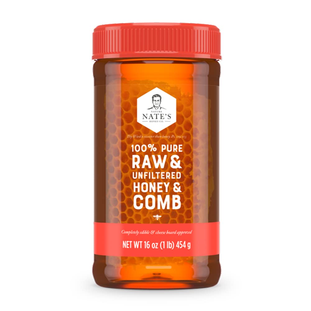Nates 100% Pure Raw & Unfiltered Honey and Comb - 16oz. Jar