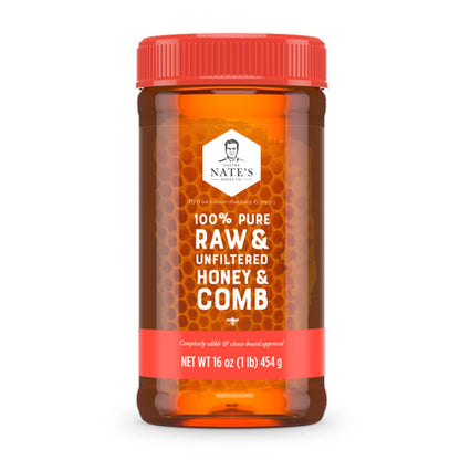 Nates 100% Pure Raw & Unfiltered Honey and Comb - 16oz. Jar
