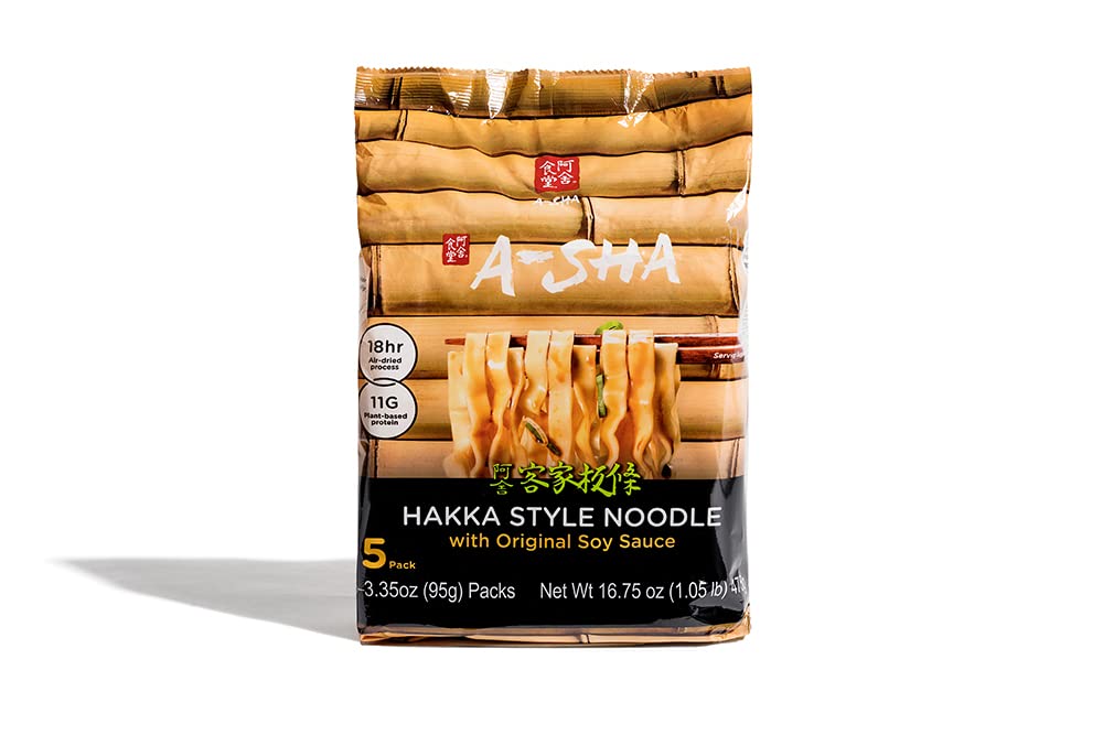 A-SHA Healthy Ramen Noodles, Wide Hakka Style Noodles with Original Sauce, Vegetarian Noodles, Flat, Wide Noodles, 1 Bag, 5 Serv
