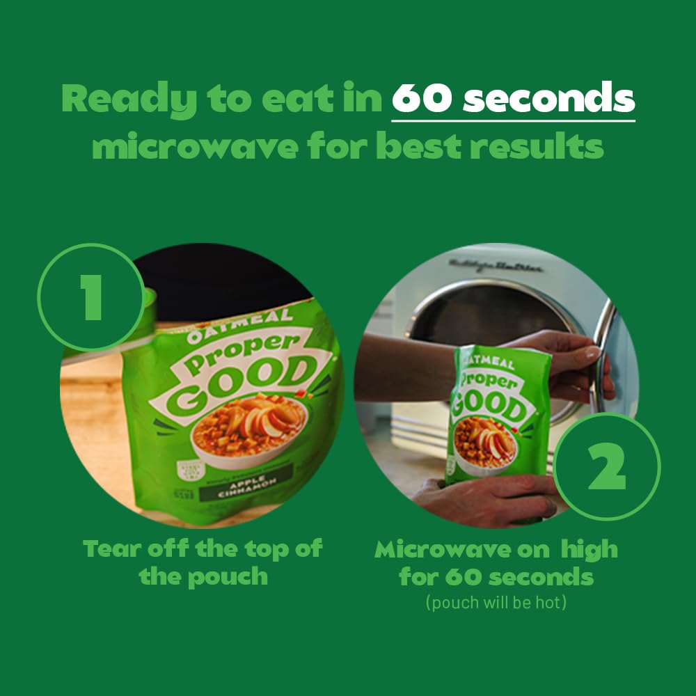 Proper Good Apple Cinnamon Oatmeal - Ready in 60 Seconds for a Quick & Easy Breakfast - Steel Cut Oats with Chia & Flax - High F