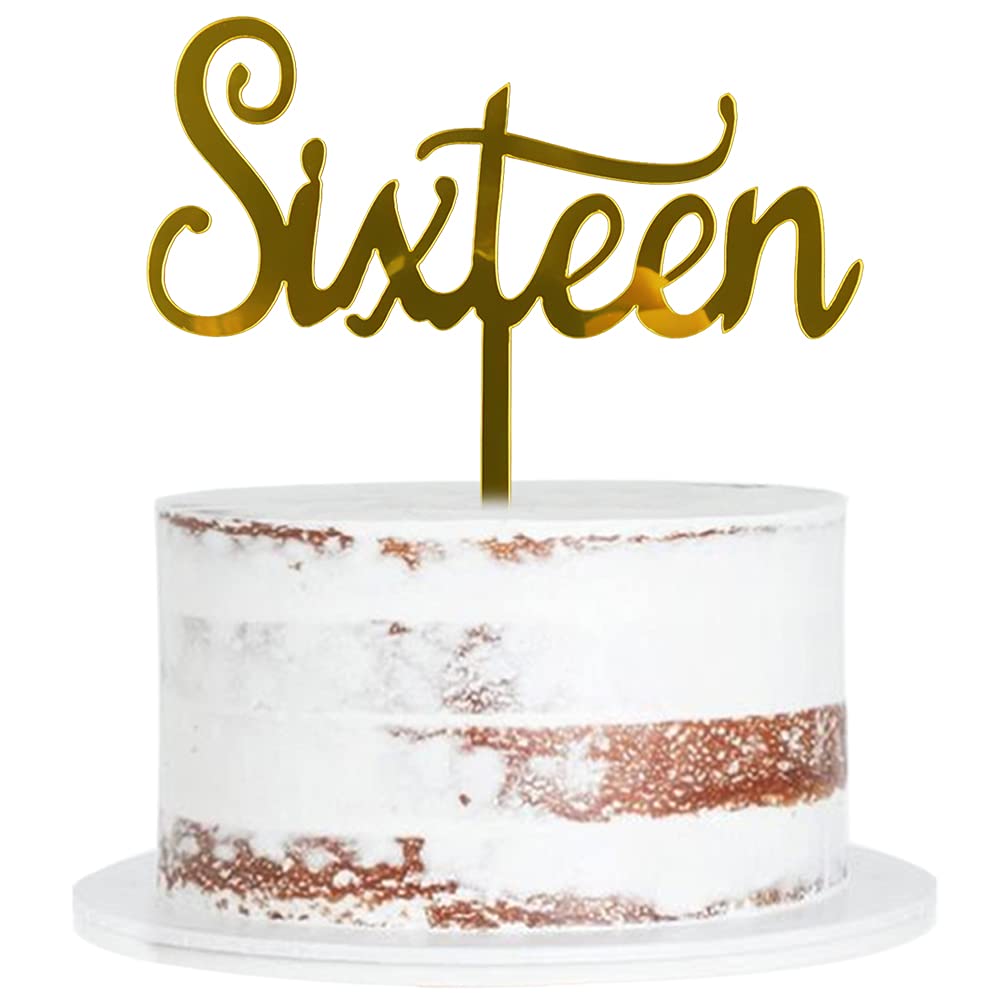 Qertesl Acrylic Sixteen Cake Topper,16Th Birthday Cake Toppers, 16Th Anniversary Party Decorations Supplies- Double Sided Gold G