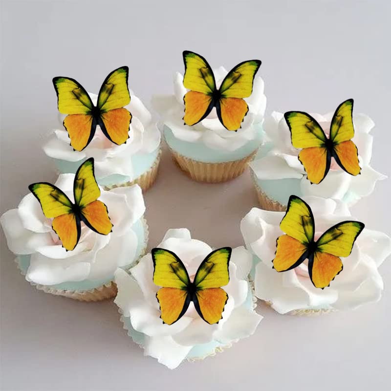 GEORLD Edible Wafer Paper Butterflies Set, 48 Count, Yellow Cake Decorations, Cupcake Toppers, Model ZA166S11P1