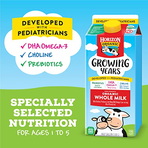 Horizon Organic Growing Years Whole Milk, High Vitamin D Organic Milk for Growing Kids with DHA Omega-3, Choline, and Prebiotics