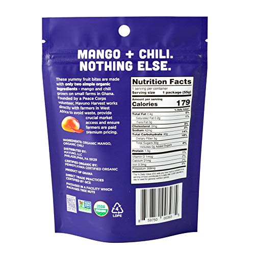 Mavuno Harvest Organic Fruit Snacks - Chewy Fruit Bites - Mango & Chili - 1.94 oz - Pack of 8 - Non-GMO, No Preservatives