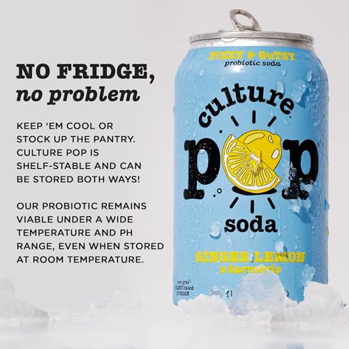 Culture Pop Soda Sparkling Probiotic Drink, Vegan Soda for Gut Health, Non-GMO, GF, No Added Sugar, 12 Pack, 12 Fl Oz Cans, Ging