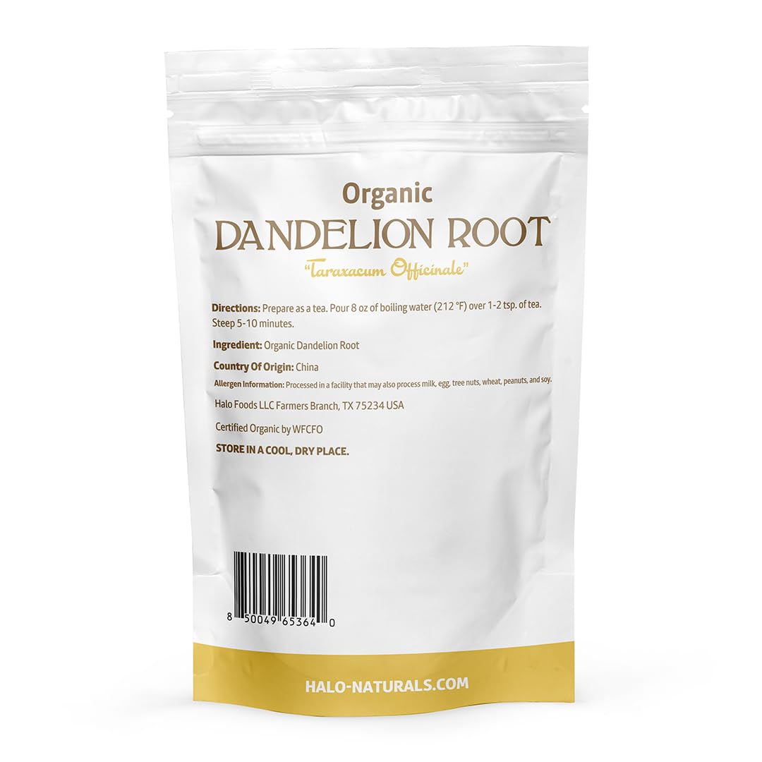 Halo Naturals Organic Dandelion Root Cut & Sifted  4 Ounces (Taraxacum officinale) USDA Certified | Resealable Pouch| Packaged in The USA