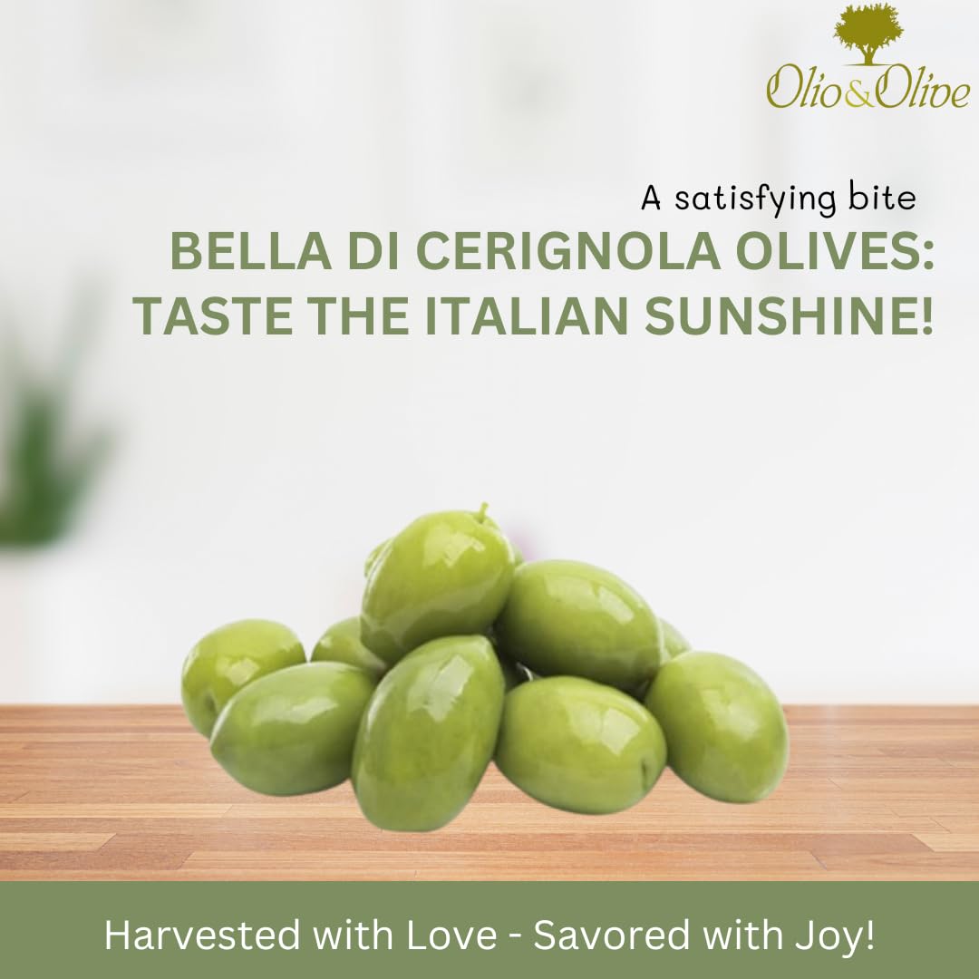Olio&Olive Large Bella Di Cerignola Green Italian Olives - Vacuum Packed And Less Salty - Firm And Buttery Taste - Vibrant And Fresh Color - 1Lb Pack (Drained Weight) - Imported From Apulia-Italy