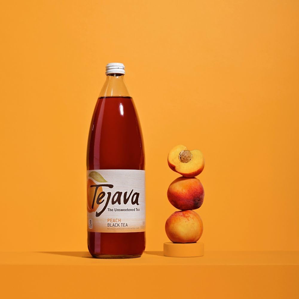 Tejava Peach Black Iced Tea, Unsweetened, Non-GMO, Kosher, 4-Pack, 12oz Glass Bottles