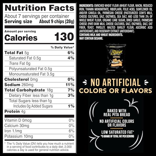 Stacys Pita Chips  Parmesan Garlic & Herb  No Artificial Colors or Flavors  7.33 oz Bag