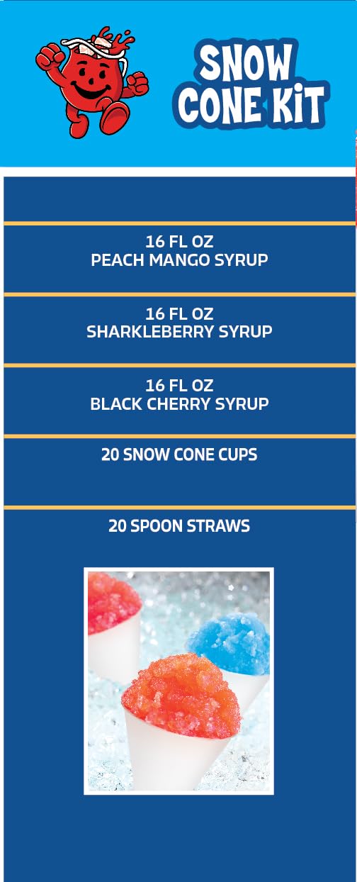 Kool-Aid Snow Cone Syrup Party Kit - Sharkleberry, Peach Mango, Black Cherry - 20 Snow Cone Cups & Spoon Straws