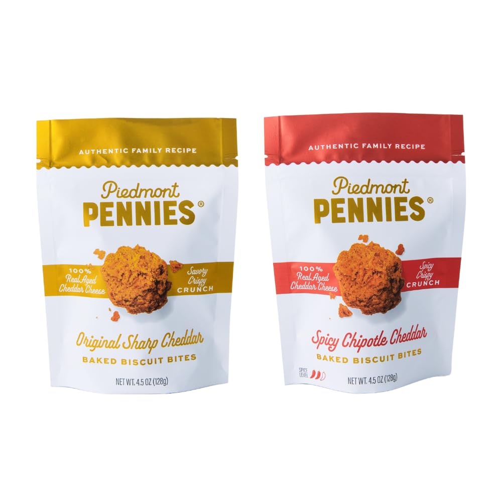 Piedmont Pennies Cheese Breakers - 2-Pack | Sharp Cheddar & Spicy Chipotle | Baked Cheese Snack | No Sugar | Real Cheese | Handmade In Nc | Small-Batch Gourmet Breakers