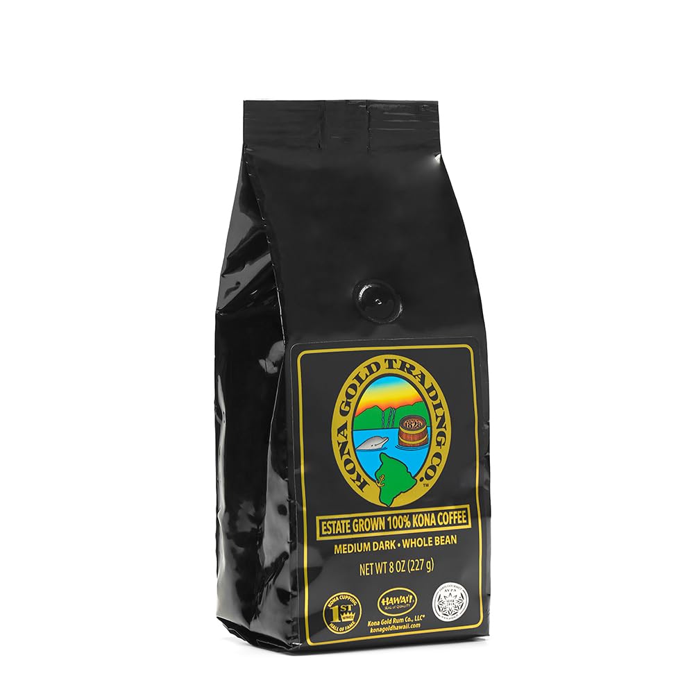 Kona Gold Rum Co. 8oz Kona Coffee Whole Beans - Extra Fancy Medium/Dark Roast, Peach Notes with Cream Tones