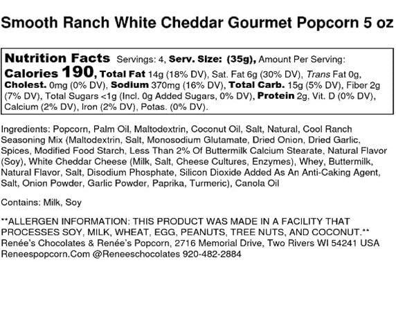 Ren  Es Smooth Ranch White Cheddar  Gourmet Popcorn - Wisconsin White Cheddar Cheese, Rich Creamy Classic Buttermilk Recipe, Per