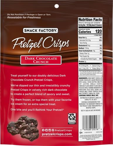 Snack Factory Pretzel Crisps Dark Chocolate Covered Pretzels 5.5 Ounce