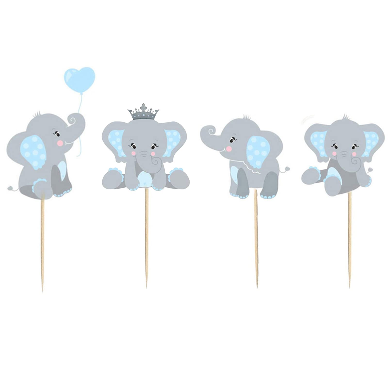 Finduat 48 Pieces Blue Elephant Cupcake Toppers For Boy Baby Shower Decorations Supplies, Baby Boy Birthday Party Supplies(Doubl