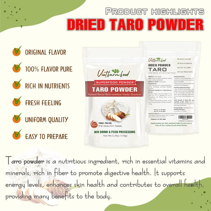 Taro Powder 5.29 Oz (150G) Vietfarmfood: Freeze-Dried Extracted From 100% Pure, Sugar-Free. Used To Mix Mixed Drinks Fresh Fruit