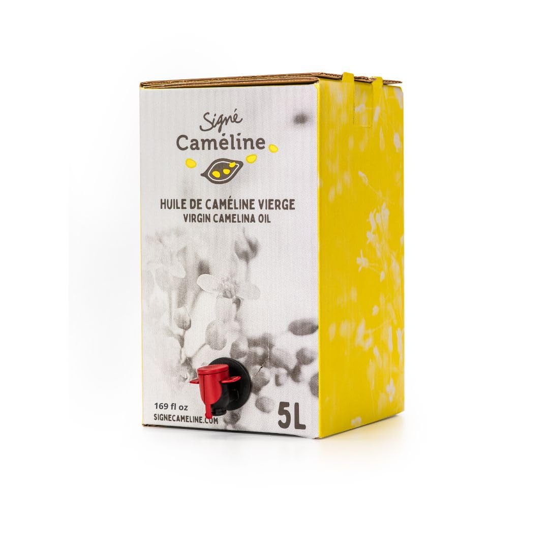 Sign   Cam  line. Virgin Camelina Oil. 1.32 gallons. Finishing and cooking oil. High in Omega-3. Smoke point 475 degrees fahrenh