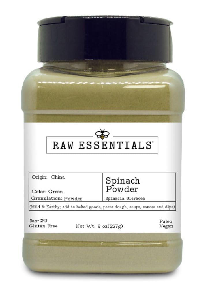Raw Essentials Dried Spinach Powder - Mild and Earthy - Add to Baked Goods, Pasta Dough, Soups, Sauces, and Dips - Non-GMO, Glut