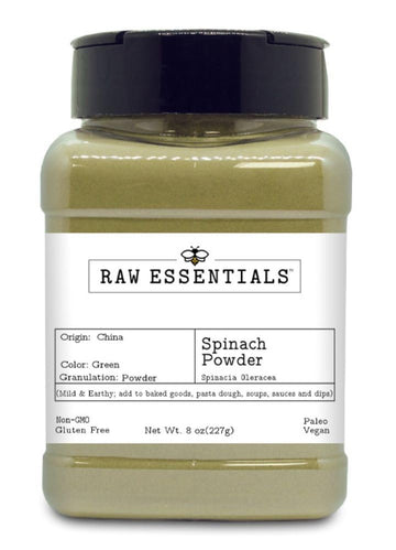 Raw Essentials Dried Spinach Powder - Mild and Earthy - Add to Baked Goods, Pasta Dough, Soups, Sauces, and Dips - Non-GMO, Glut