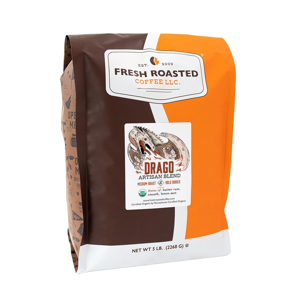Fresh Roasted Coffee  Organic Drago Caf? Blend | Usda Organic  Kosher | Medium Roast 5 Lb (80 Oz) Whole Bean