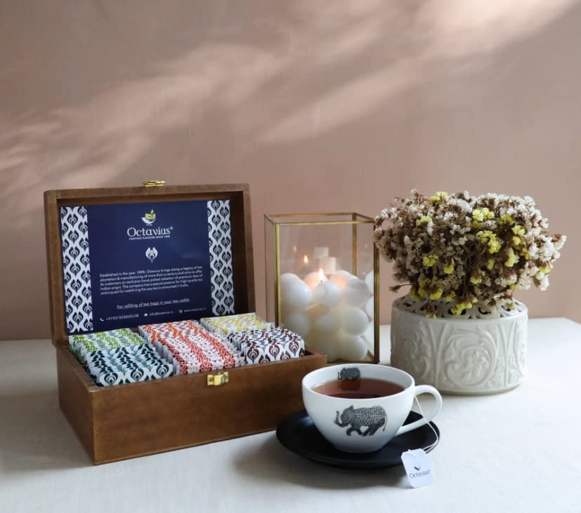 Octavius, Gift'S Select - Assorted Tea In Elephant Printed Wooden Box | 6 Flavors, 90 Tea Bags | Black & Green Tea | Tea Gifts F