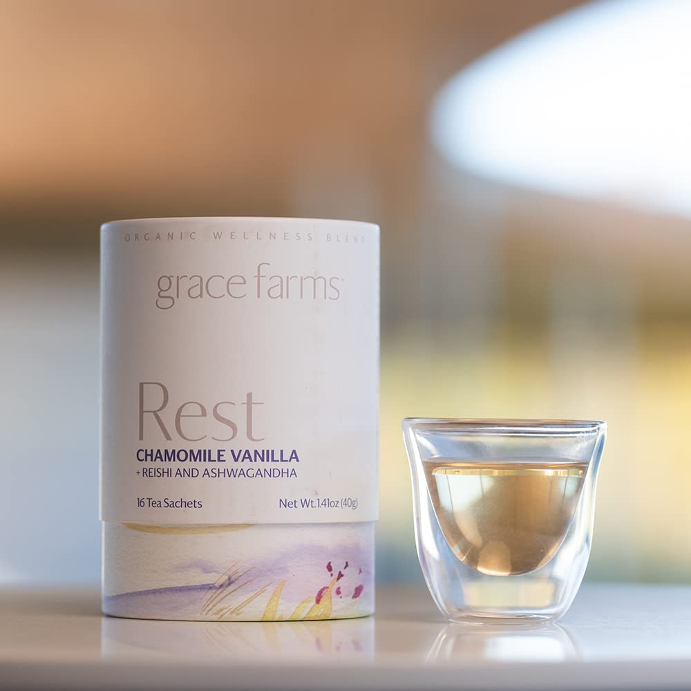 Grace Farms Rest Wellness Organic Tea Blend (16 Pyramid Sachets) | Sleep And Stress Support For Evening | Chamomile Vanilla Tea